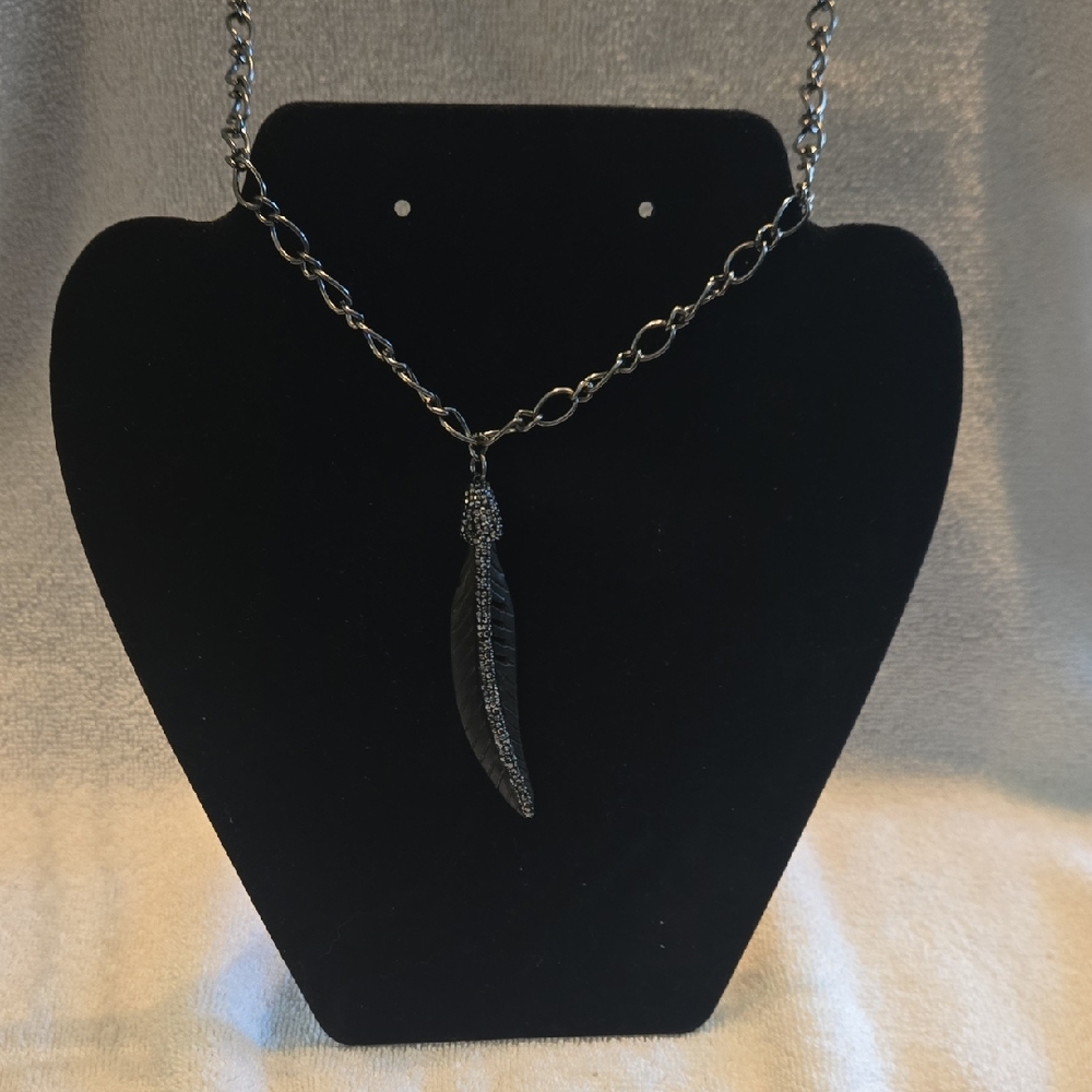 36" Black Silver Feather Pendant Necklace